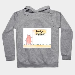 Design engineer. Profession, work, job. Cat shows a banner with the inscription. Watercolor illustration. A gift for a professional. Hoodie